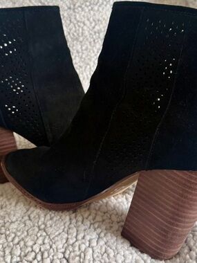 Gianni Bini Black Suede Perforated Block Heel Ankle Boots